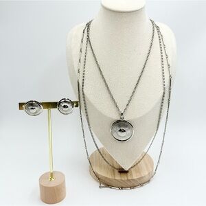 Vintage Silver Tone Button Shaped Clip On Earrings Multi Layered Necklace Sets